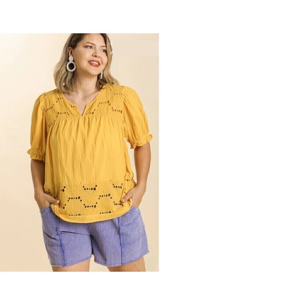 Umgee New Mustard Eyelet Floral Embroidered Boho Short Sleeve Top M